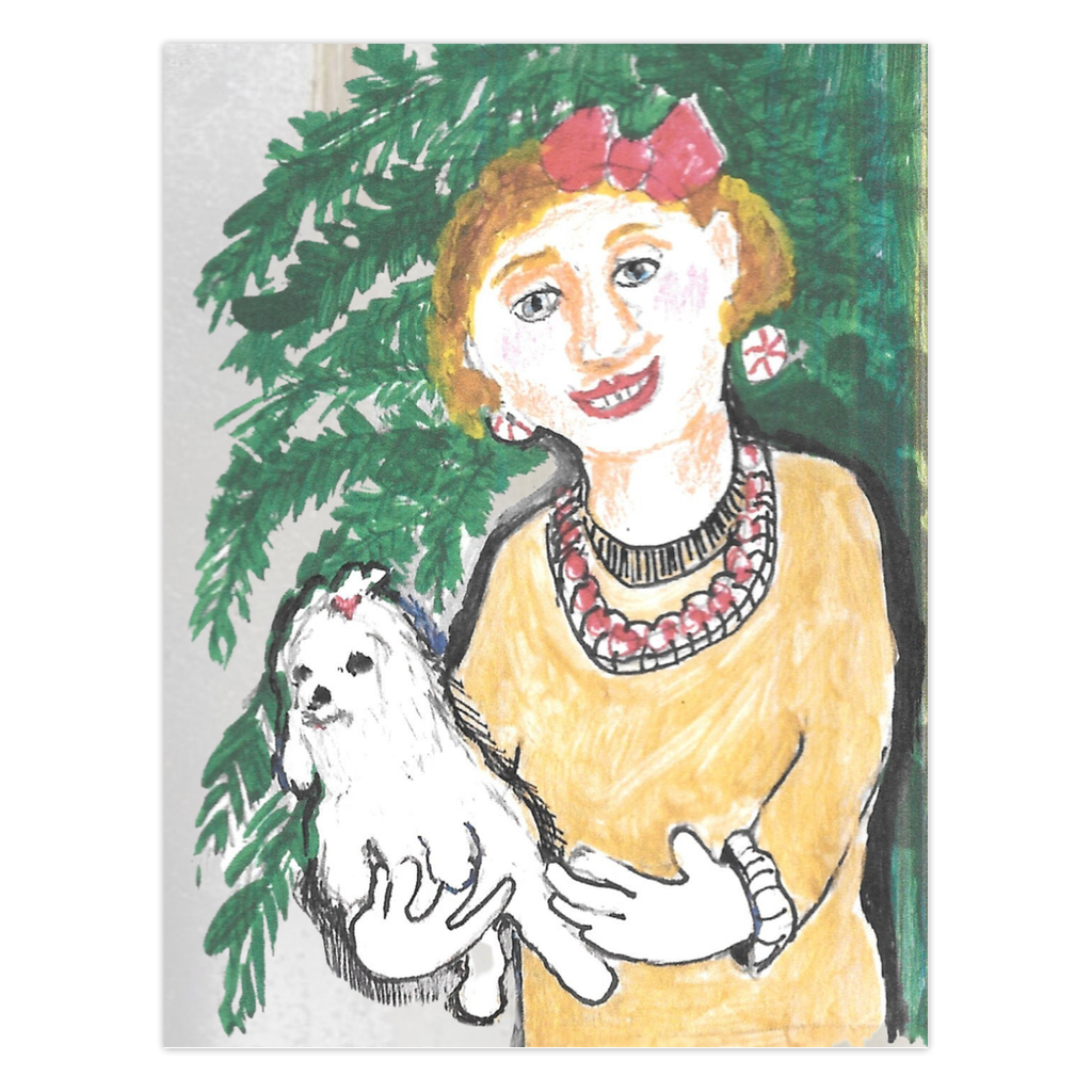 ogether By The Tree Greeting Card: A woman with a red bow in her auburn hair and peppermint jewelry holds a small Maltese dog in front of a Christmas tree. High-quality reproduction of original acrylic on paper by Janet Lee Chauncey for Chauncey Art Collective.