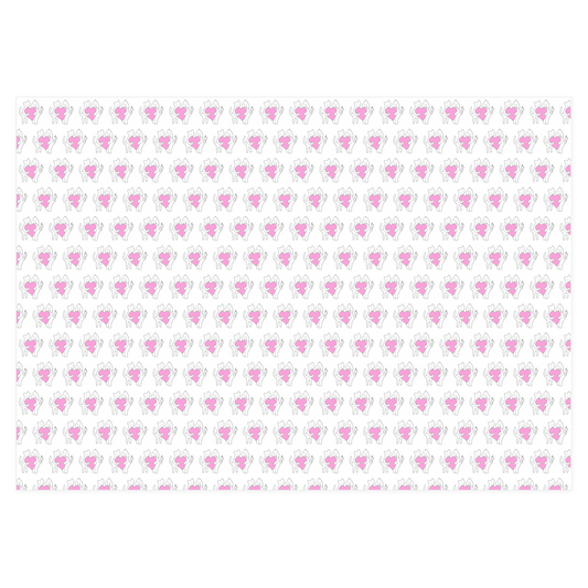 Sharing A Big Heart Wrapping paper sheets feature a repeating pattern of a dog and a cat holding a large pink heart. The image is used in the Chauncey Art Collective logo.