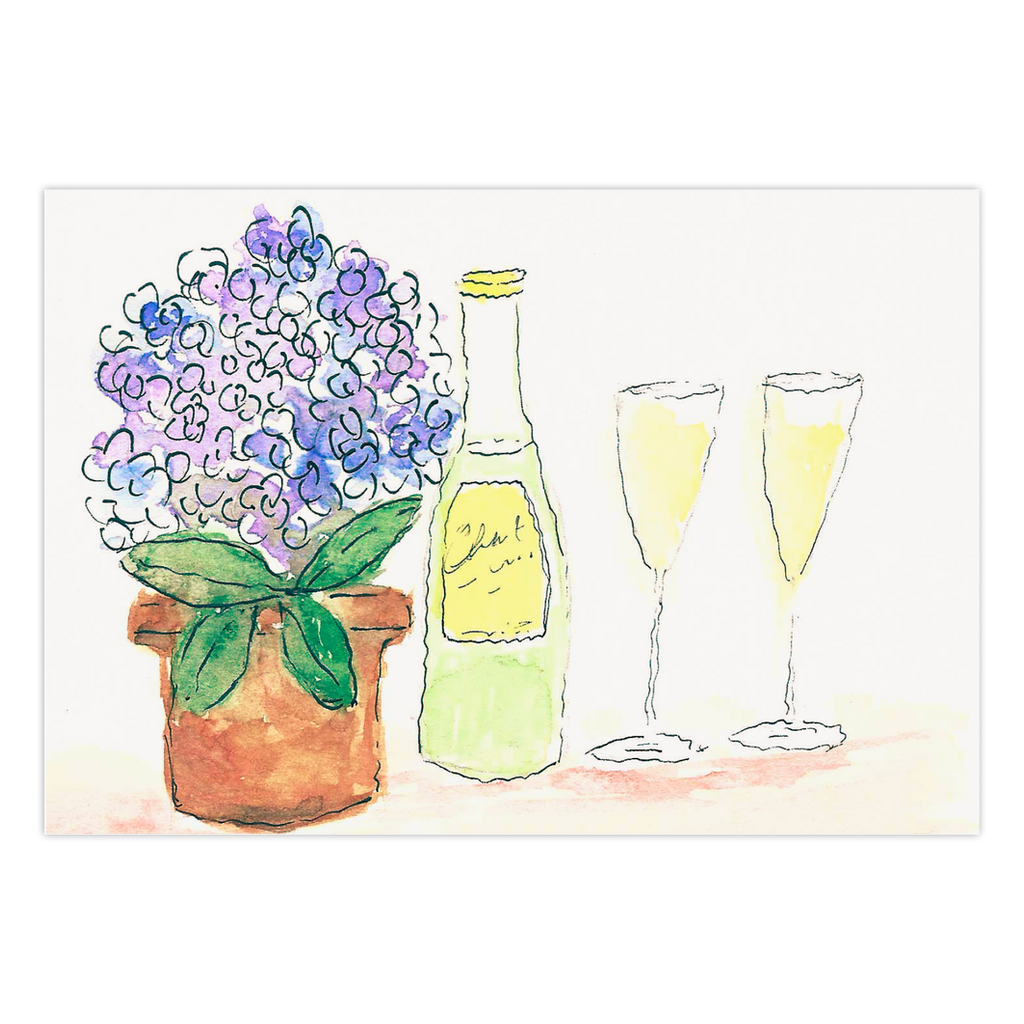 Wine Time Note Card: Featuring a lush purple-blue hydrangea plant alongside a wine bottle and two glasses. High-quality reproduction of original artwork by Heidi Chauncey Vorwerk for Chauncey Art Collective.
