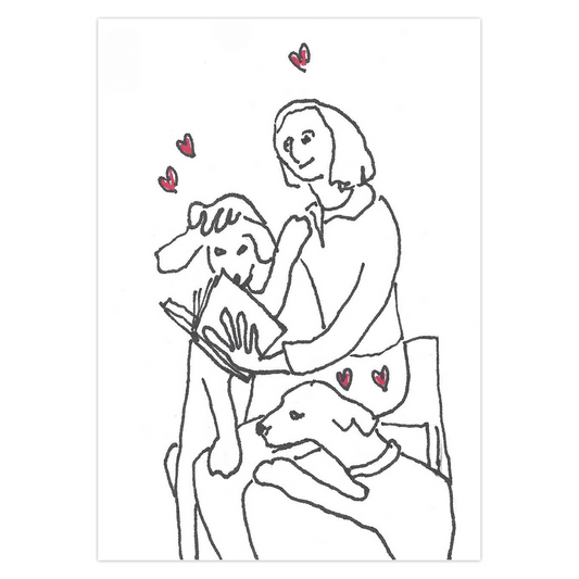 On Being Idolized greeting card by Janet Lee Chauncey for Chauncey Art Collective, featuring a girl reading a book to two adoring dogs.