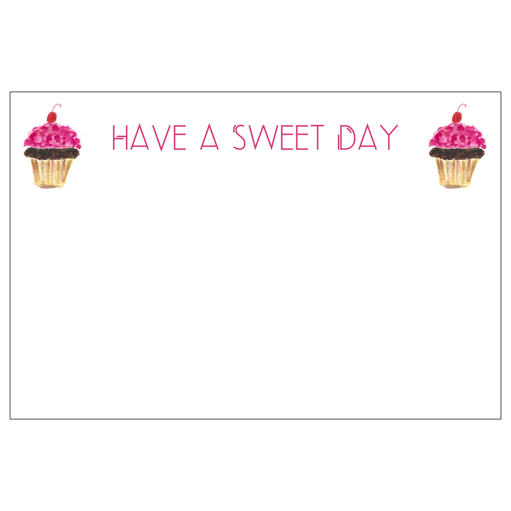 Have A Sweet Day Note Card: Features two cupcakes with bright pink frosting and cherries, with the text 'Have a Sweet Day' between them. Original artwork by Heidi Chauncey Vorwerk for Chauncey Art Collective.