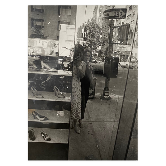 This photography card features a vintage New York street scene from the late 1970's. It shows the reflection of two women, one the photographer, the other, her mother as they look at fancy shoes on Madison Avenue.