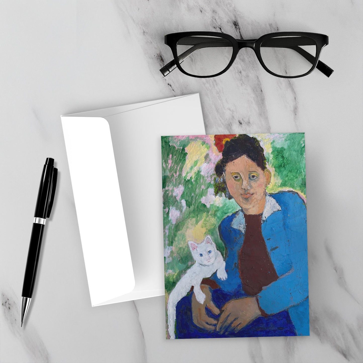 They look lovely gazing up from this mock up on a white marble backdrop with the envelope, reading glasses and a pen nearby,
