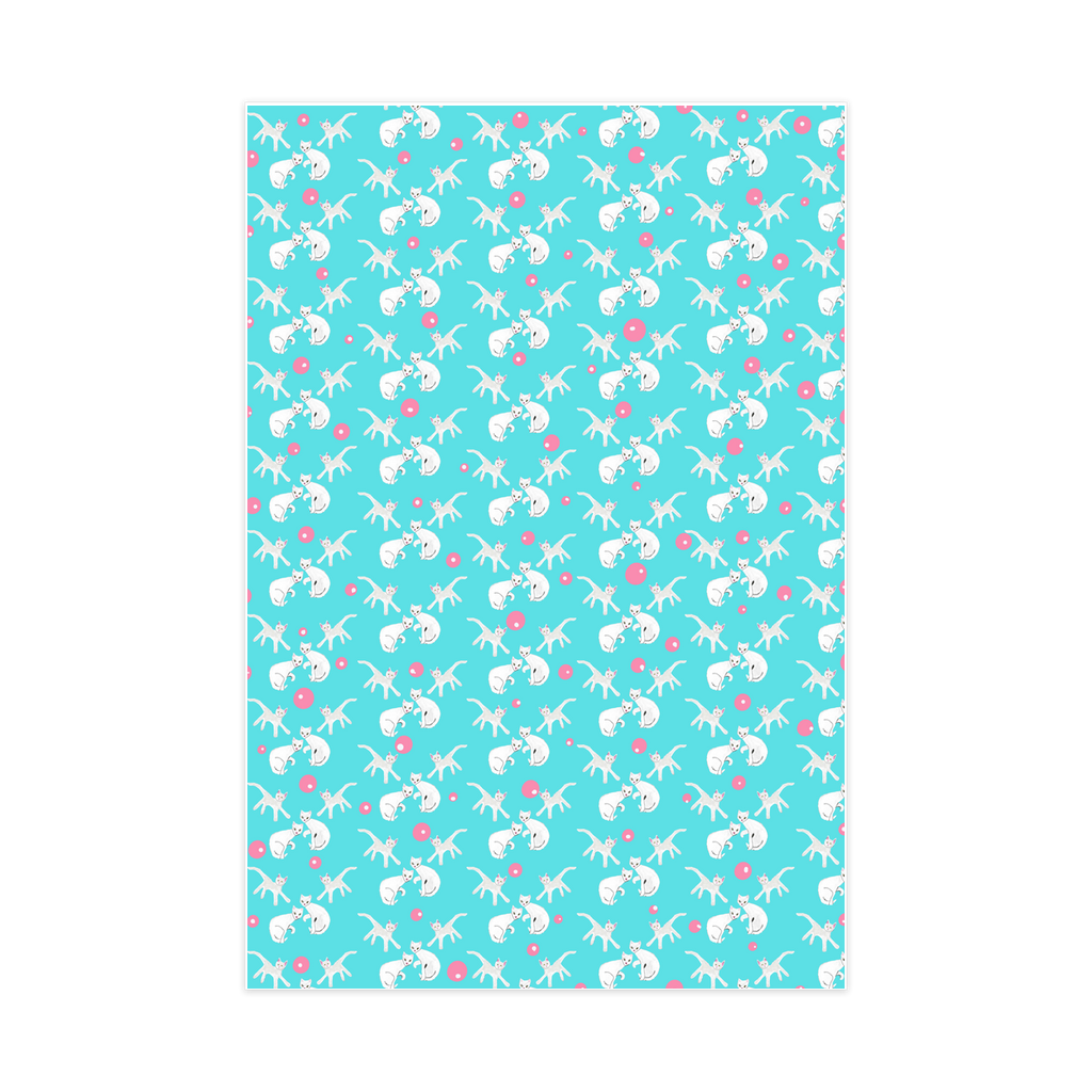 Picture of the Fancy Felines wrapping paper roll which shows two larger white cats facing each other in a sitting position with one paw in the air and two smaller cats above shown in mirror image side view with heads facing front.  There are pink balls of random size with white dots interspersed throughout the teal blue background.