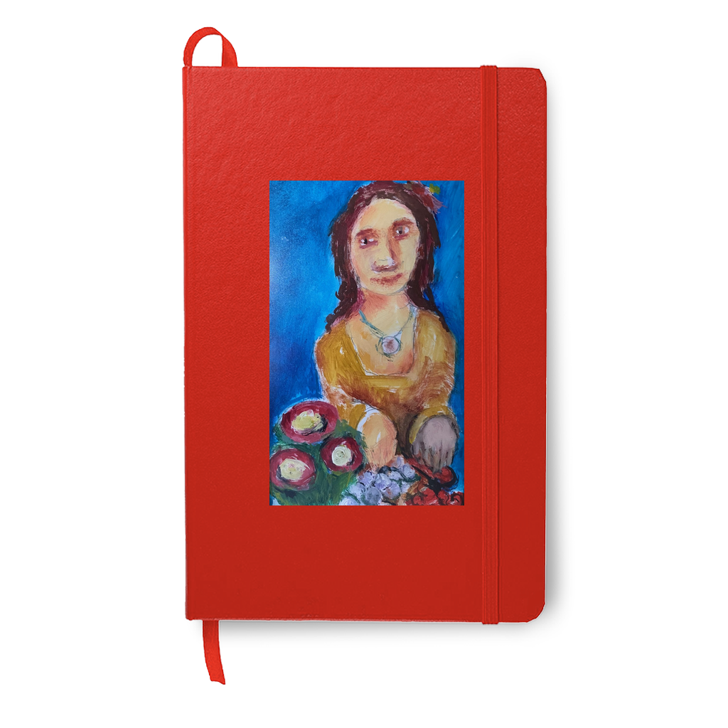 Tasty Fruit journal in red really highlights the color of the flowers and fruits the woman in the painting is arranging on her tray.
