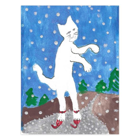 Caspar on Skates holiday greeting card by Janet Lee Chauncey for Chauncey Art Collective, featuring a talented cat ice skating on a frozen pond.