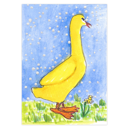 Front of a spring greeting card that depict a yellow duck in profile walking to the right on his orange webbed feet.  In front of him is one yellow daffodil blooming in the grass that is mostly a yellow green color  but has darker and taller green clumps  mixed in.  The sky is blue and big dots of white snow are falling all around.  The title of this greeting card is A Few Snowflakes, Yellow Duck With Flower.