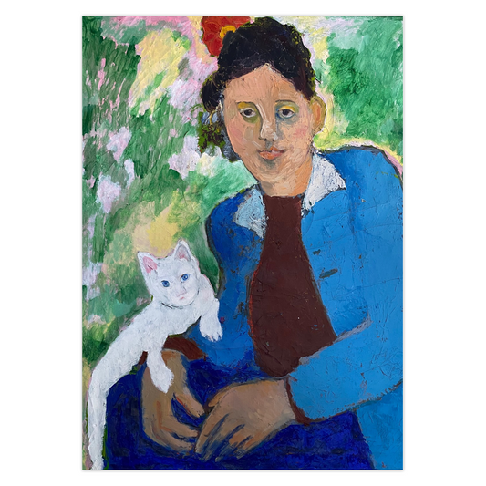 This portrait greeting card features a woman with her adoring cat perched on her arm. She has a sweet expression as both she and the cat look forward. Her outfit is blue and brown. The background is a mix of green, pink and yellow