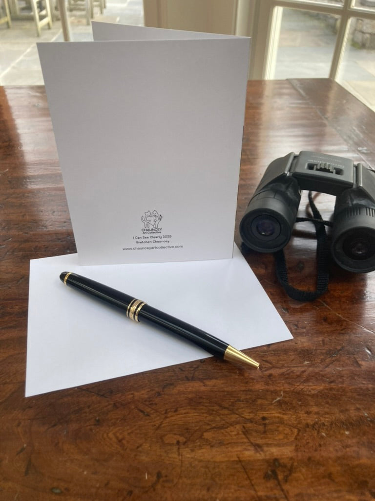 Back view of I Can See Clearly greeting card with art by Gretchen Chauncey and the Chauncey Art Collective logo.