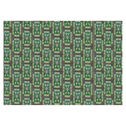 Presentation Cats wrapping paper is a pattern of rectangles with frolicking white cats set against a green background.