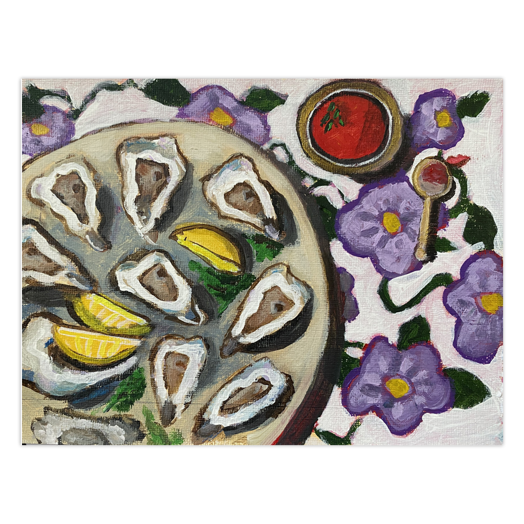 Oyster Sister Social greeting card  by Gretchen Chauncey. A platter of oysters with lemon wedges sits on a platter on a flowered tablecloth. Cocktail sauce and a spoon rest on the cloth. Exclusive design by Chauncey Art Collective.