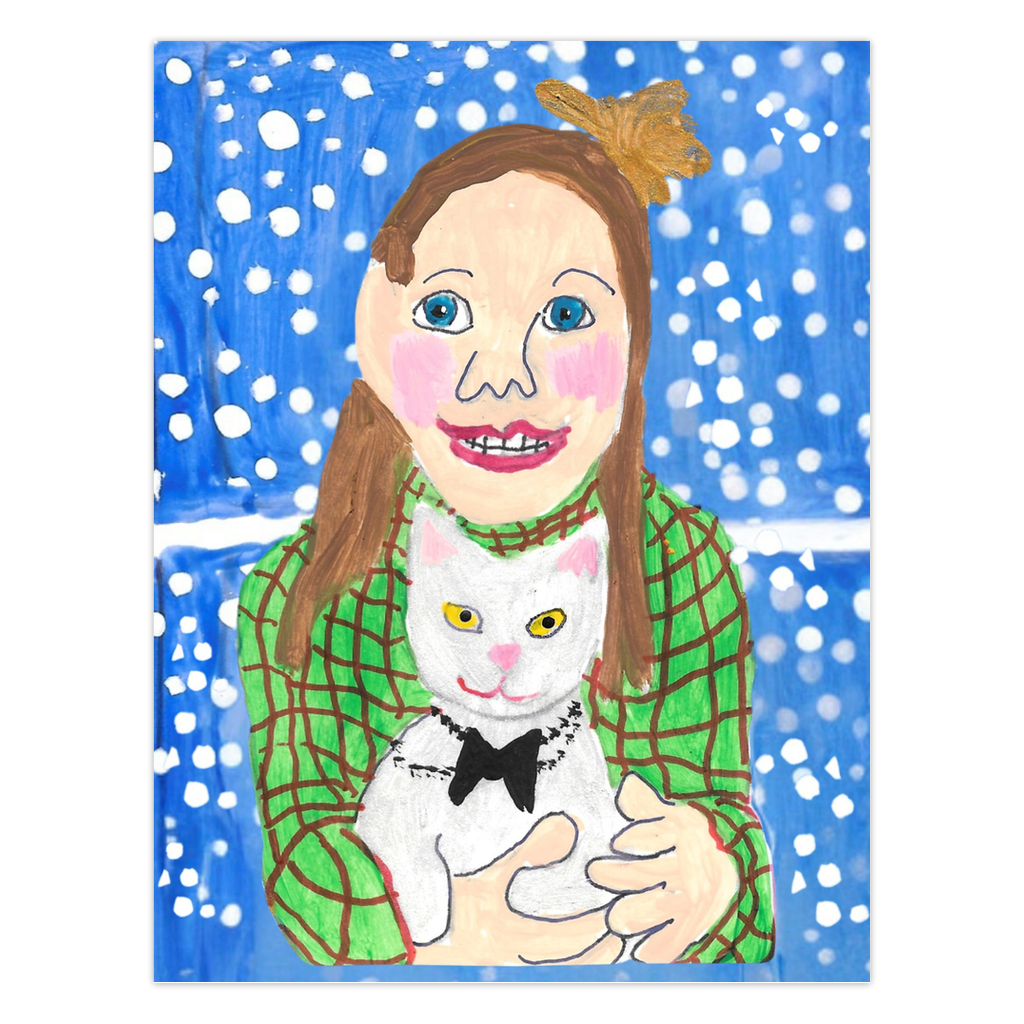Caspar With Black Bow Holiday Card: A woman with a gold bow in her auburn hair and green sweater holds a white cat wearing a black bow in front of a window with falling snowflakes. High-quality reproduction of original acrylic on paper by Janet Lee Chauncey for Chauncey Art Collective.