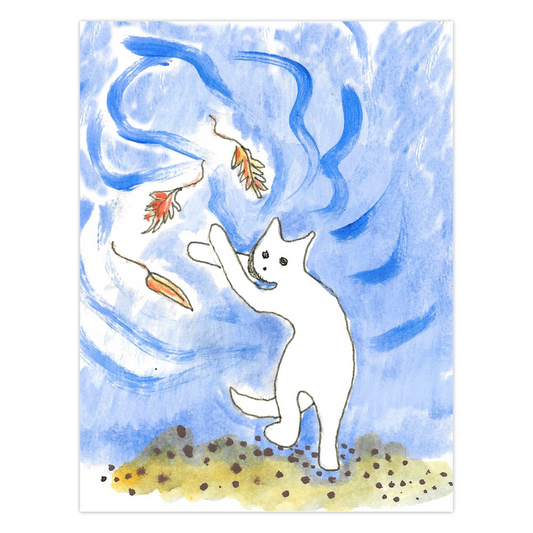 Falling Leaves And Caspar greeting card featuring a playful cat among swirling autumn leaves, reproduced from an original acrylic painting by Janet Lee Chauncey. Front of card by Chauncey Art Collective.
