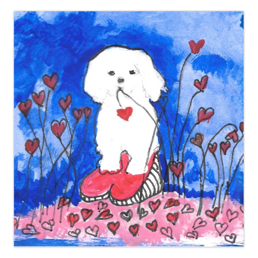 Painting of a white dog with red hearts in a blue and pink background.  Artwork by Janet Lee Chauncey.