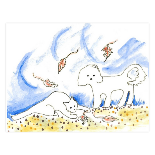 Falling Leaves greeting card depicts a white cat and a Maltese dog with leaves swirling in the air. The cat is playing with a leaf it caught on the ground. Artwork by Janet Lee Chauncey. Greeting card by Chauncey Art Collective.