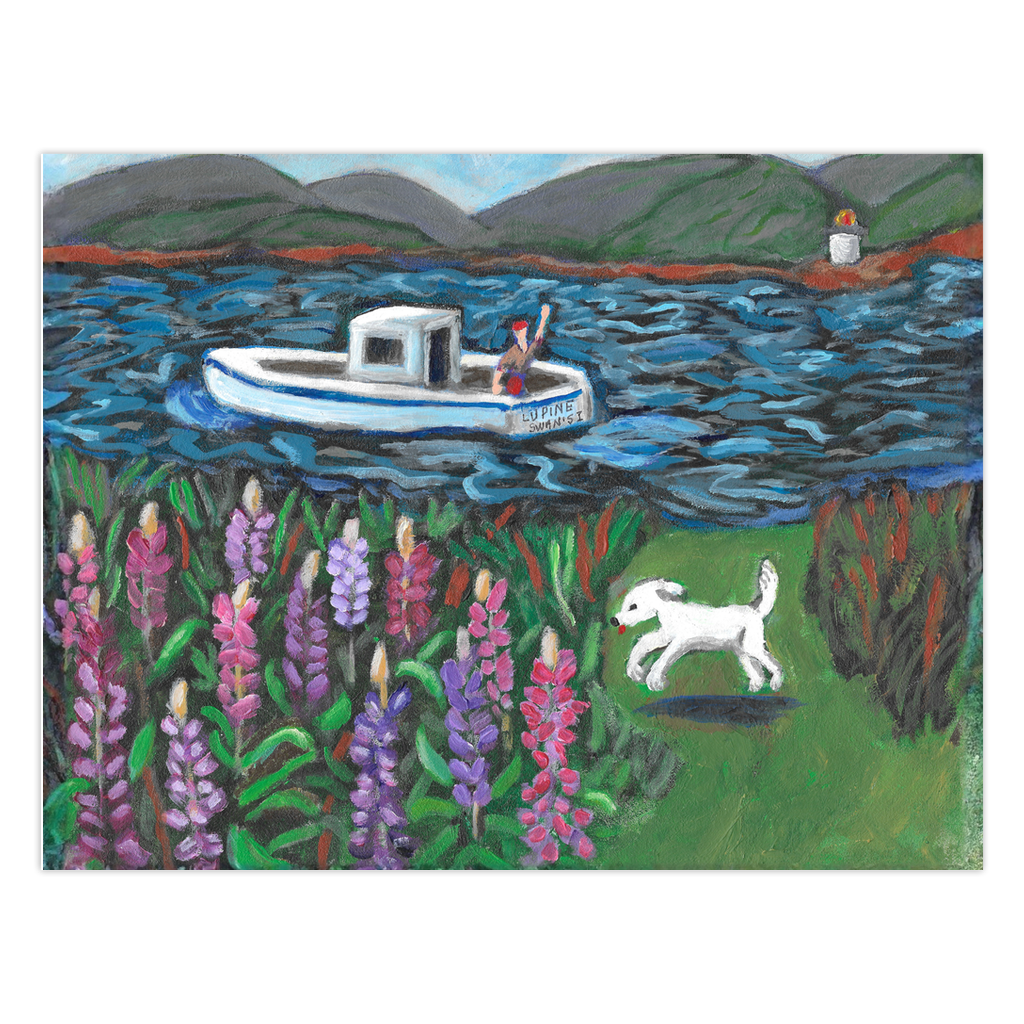 Lupine Time greeting card by Gretchen Chauncey.  A white lobster boat with a waving  fisherman in the background, with pink and purple lupines blooming and a white Coton De Tulear dog running.  Chauncey Art Collective stationery.iew-0