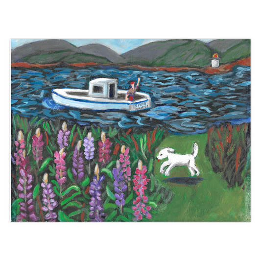 Lupine Time greeting card by Gretchen Chauncey.  A white lobster boat with a waving  fisherman in the background, with pink and purple lupines blooming and a white Coton De Tulear dog running.  Chauncey Art Collective stationery.iew-0