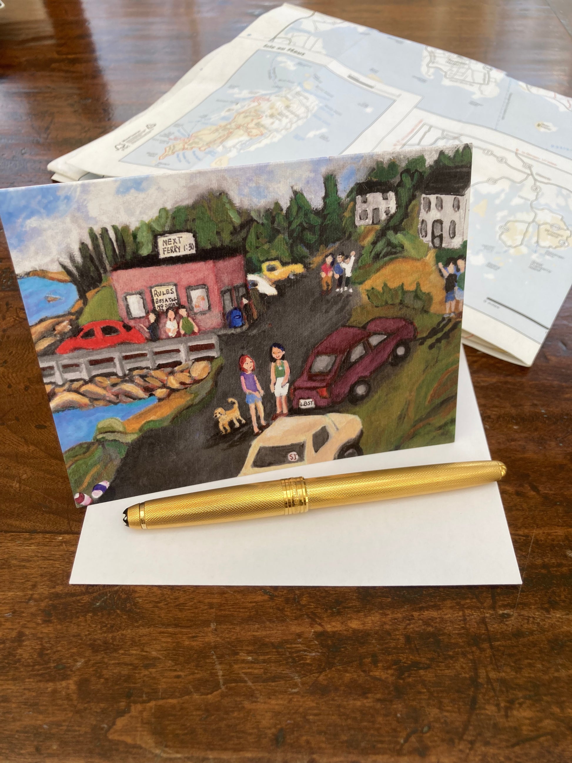 Chauncey Art Collective greeting card with a scenic illustration of cars and people waiting to get on the ferry.  Art by Gretchen Chauncey