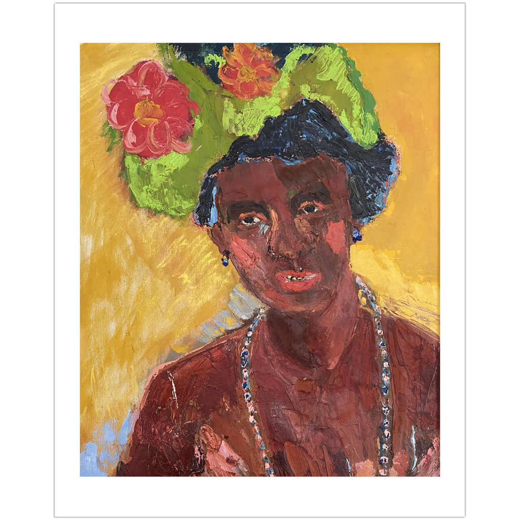 Lady in Hat Premium Art Print: Portrait of a woman in a large green flowered hat and pearl necklace against a yellow background. High-quality reproduction of original oil on canvas by Janet Lee Chauncey for Chauncey Art Collective.