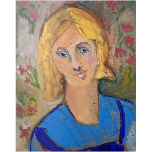 Metal Art Print of a portrait of very sweet girl with yellow, hair blue eyes, and blue dress against an abstract flowery background in hues of green and coral.  The title of this artwork is Yellow Haired Girl.