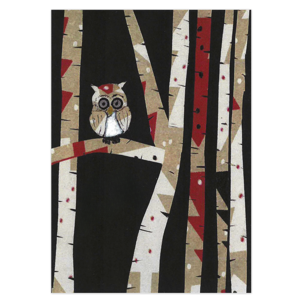 An owl is perched in birch trees against a black background in this greeting card Owl In Trees. Art by Heidi Chauncey Vorwerk. Greeting Card by Chauncey Art Collective.