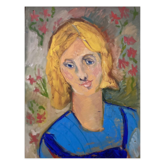 A sweet demure expression, golden hair and bright blue dress are the stand out features of this lovely portrait. She is surrounded by a floral wallpaper in beige, red and green,
