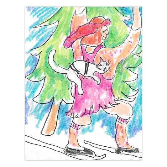 Fun Christmas card from Chauncey Art Collective with Janet Lee Chauncey's Skiing Caspar artwork, showing a pet enjoying a ski ride.