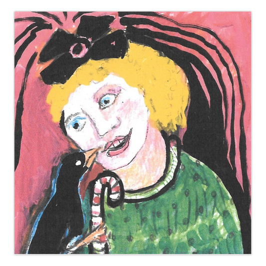 Artistic depiction of a person with a black bird enjoying a candy cane on a pink background. The front of a holiday card by Chauncey Art Collective.