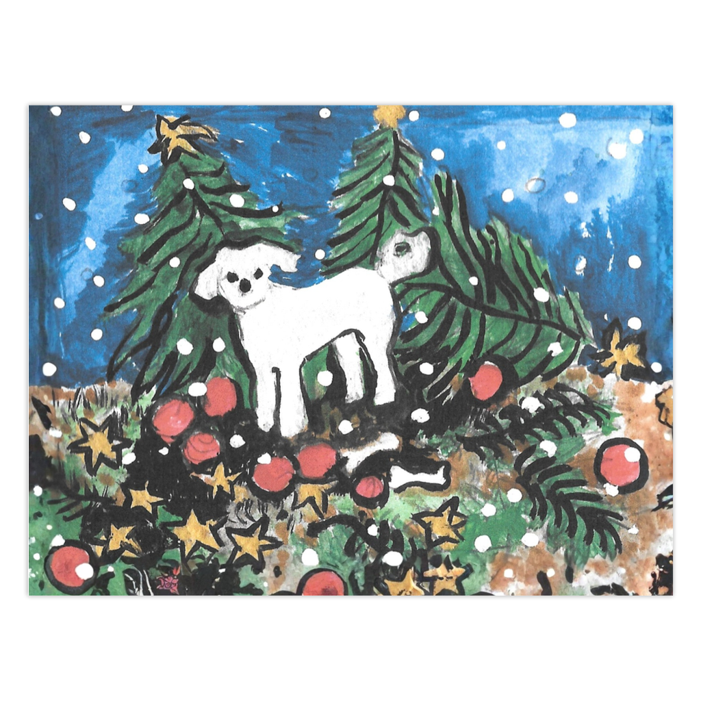 The Wind Did It Christmas Card: A Maltese dog stands near overturned Christmas trees and scattered ornaments. High-quality reproduction of original acrylic on paper by Janet Lee Chauncey for Chauncey Art Collective.