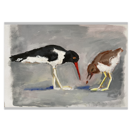 Two adorable shore birds are pecking at the gray sand to find some seeds. One bird is slightly bigger and is black and white. The smaller bird is brown and white. Both of their shadows are blue.