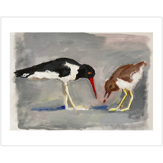 Painting of two birds on a gray background.  Shore Birds artwork by Janet Lee Chauncey. Seashore Art Print by Chauncey Art Collective.