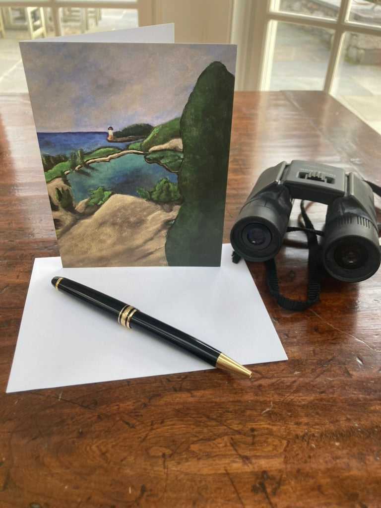 I Can See Clearly greeting card with nature scene, pen, paper, and binoculars on a wooden surface