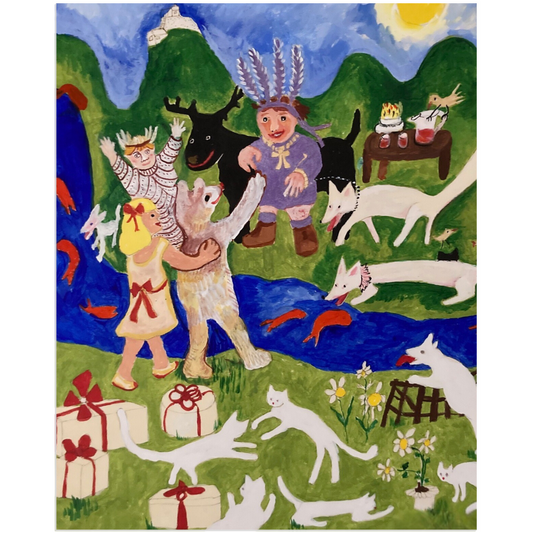 Party Time acrylic print featuring joyful animals greeting each other near a stream with wrapped presents, reproduced from an original acrylic painting by Janet Lee Chauncey. Acrylic print by Chauncey Art Collective.