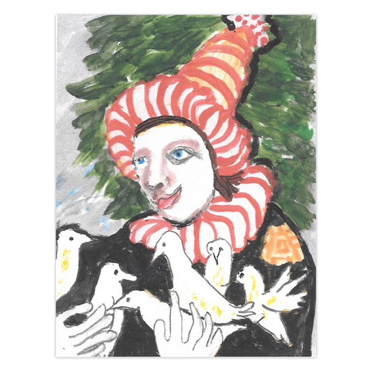Vibrant holiday card from Chauncey Art Collective with Janet Lee Chauncey's Gathering of Wonders artwork, showing happy white doves in the arms of a woman in a red and white hat.