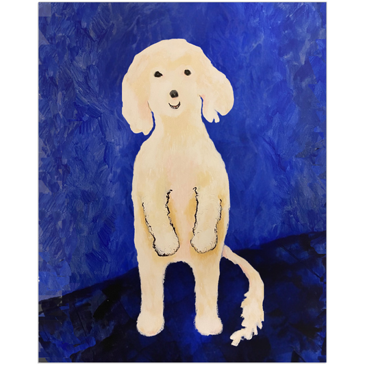 Painting of a white dog on a blue textured background.  Artwork by Janet Lee Chauncey.