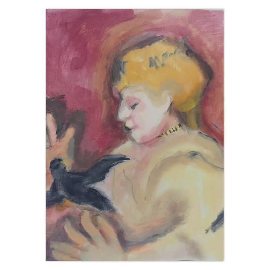 A soft focus portrait of a woman with yellow hair and eyes closed with a little black bird in her hands with its wings spread open. The background is a reddish/purple. Girl With Bird greeting card.