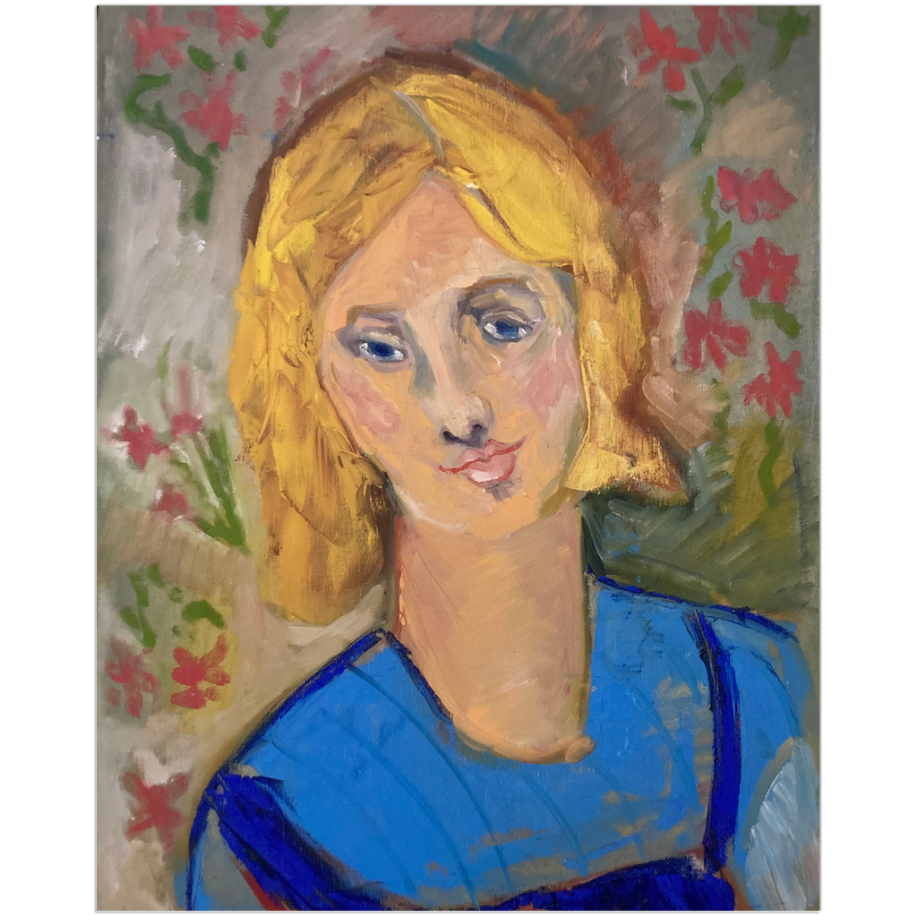 Yellow haired girl portrait shows a demur looking girl wearing a blue dress with bright blue against a background of floral wallpaper. Art by Janet Lee Chauncey