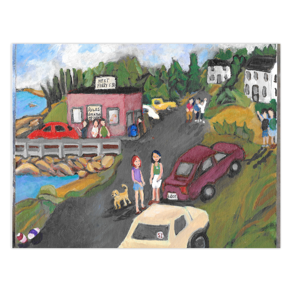 Next Ferry 1:30 by Gretchen Chauncey. A scene of islanders waiting for the next boat at Swan's Island terminal. Brightly colored and lively. Greeting card designed by Chauncey Art Collective.