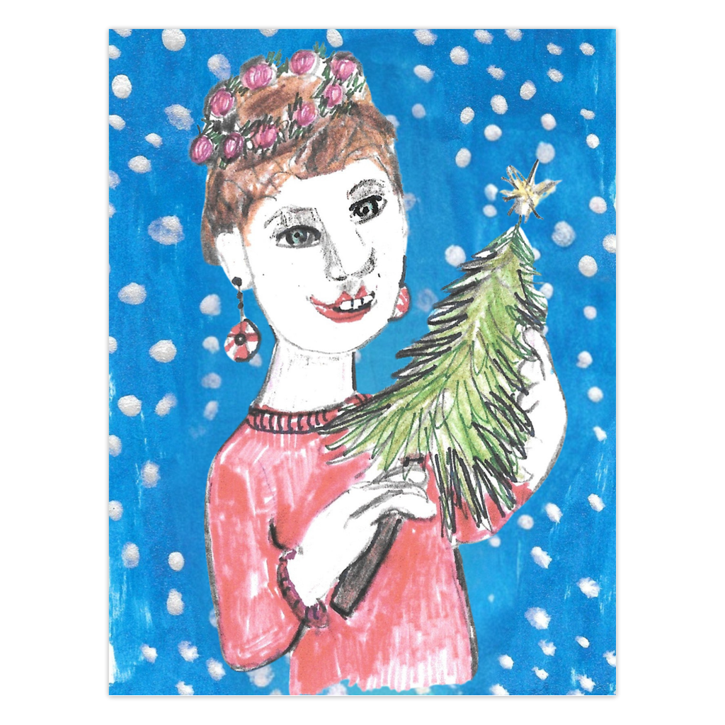 Holiday Happiness Greeting Card: A woman with flowers in her hair and peppermint candy earrings holds a small tree against a bright blue background with falling snow. High-quality reproduction of original acrylic on paper by Janet Lee Chauncey for Chauncey Art Collective.