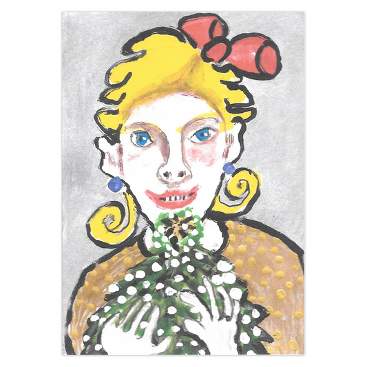 A yellow haired girl with a big red bow in her hair smiles as she holds mistletoe close to her heart in this Christmas greeting card A Beautiful Feeling by Janet Lee Chauncey, Greeting card by Chauncey Art Collective.