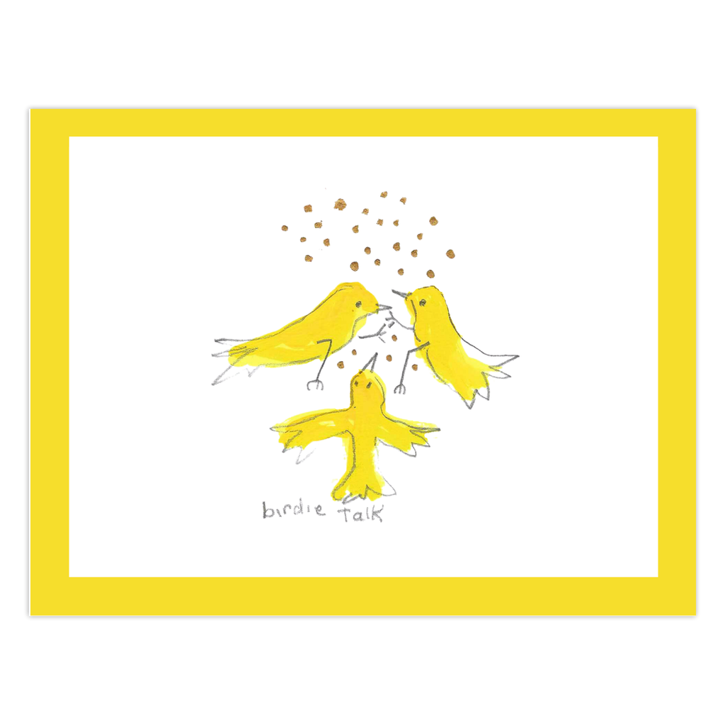 Birdie Talk Greeting Card by Janet Lee Chauncey.  Three adorable yellow birds are shown enjoying seeds against a white background. Note cards for Chauncey Art Collective
