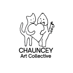 Chauncey Art Collective Logo features a dog on the left and a cat on the right holding a large heart