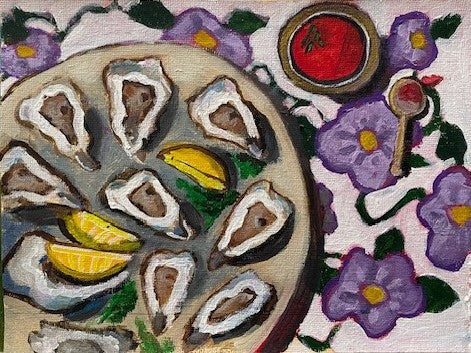 Cocktail Sauce On The Tablecloth by Gretchen Chauncey: A vibrant still life painting of an oyster platter with lemon wedges on a floral white and purple tablecloth. A playful detail shows a spoon dripping red cocktail sauce onto the cloth.