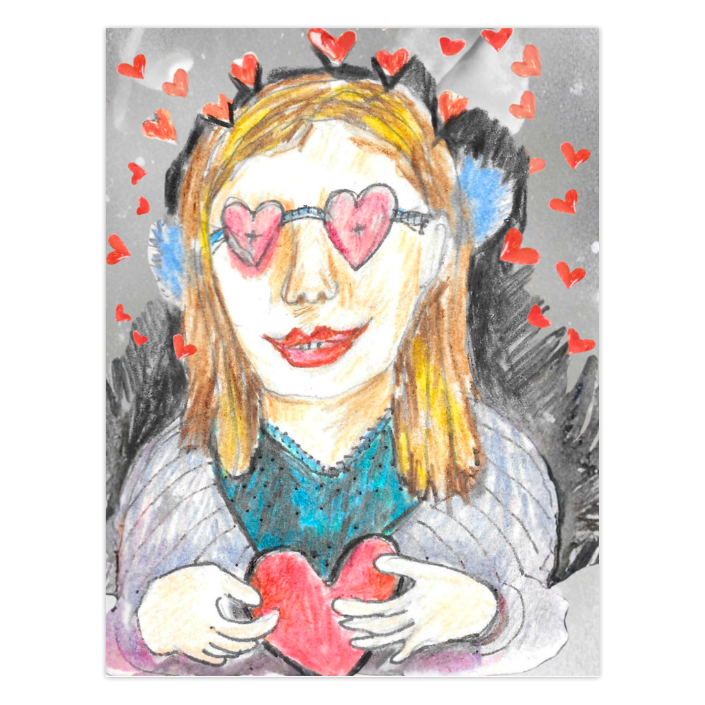 A whimsical acrylic painting of a girl with auburn hair and red heart-shaped glasses holding a heart. Small red hearts float above her head. Original artwork by Janet Lee Chauncey for Chauncey Art Collective.