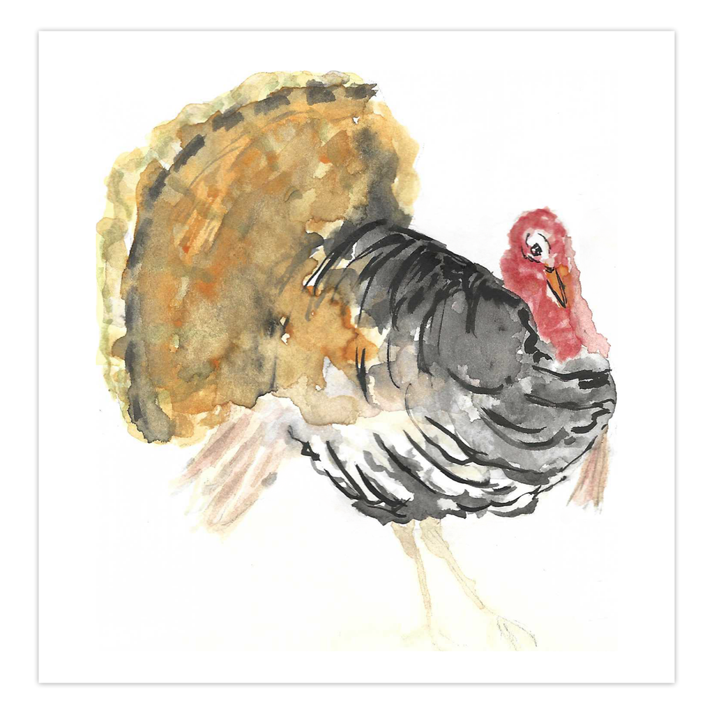 Gooble Gooble Thanksgiving Greeting Card: A vibrant turkey with its tail feathers fanned open in a proud display. High-quality reproduction of original watercolor by Heidi Chauncey Vorwerk for Chauncey Art Collective.