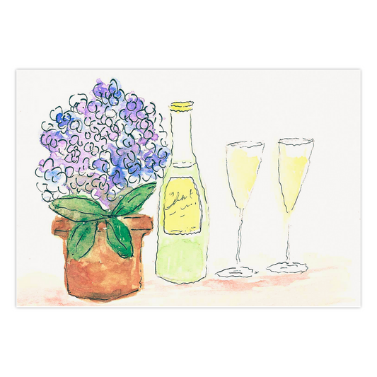 Wine Time greeting card featuring two celebratory glasses of wine, a bottle and a purple hydrangea are shown, reproduced from an original watercolor by Heidi Chauncey Vorwerk. Front of card by Chauncey Art Collective.