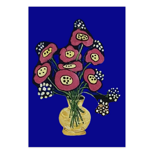 Cheerful Poppies In Yellow Vase greeting card, reproduced from an original acrylic painting by Janet Lee Chauncey. Front of card by Chauncey Art Collective