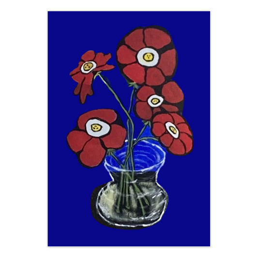 Bright red floral bouquet greeting card featuring Flowers From The Garden, reproduced from an original acrylic painting by Janet Lee Chauncey. Front of card by Chauncey Art Collective.