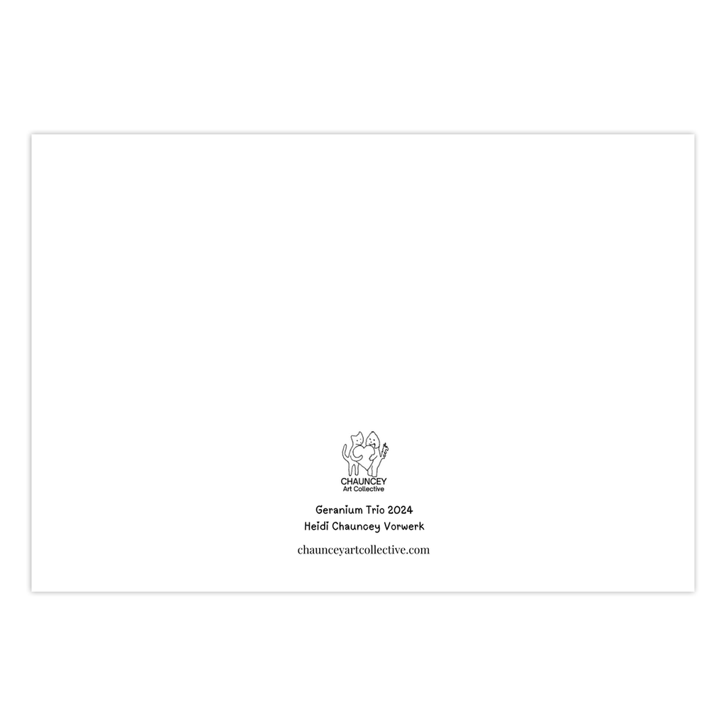 The backside of the notecard Geranium Trio featuring the title and Chauncey Art Collective's logo.