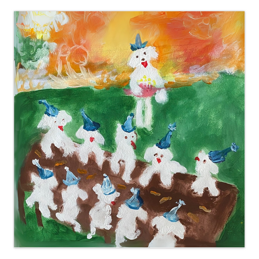 Birthday Picnic greeting card featuring Maltese dogs at an outdoor birthday celebration with cake, reproduced from an original acrylic painting by Janet Lee Chauncey. Front of card by Chauncey Art Collective.